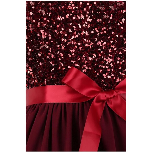 Women's Sequin Burgundy Boatneck Sleeveless Prom Dress with Detachable Belt - Picture 3 of 5